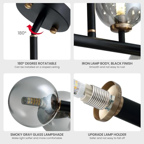 16 Lights Mid Century Modern Chandelier Black Linear Chandelier Light Fixtures Glass Globe Sputnik Pendant Light for Dining Room Kitchen Island
