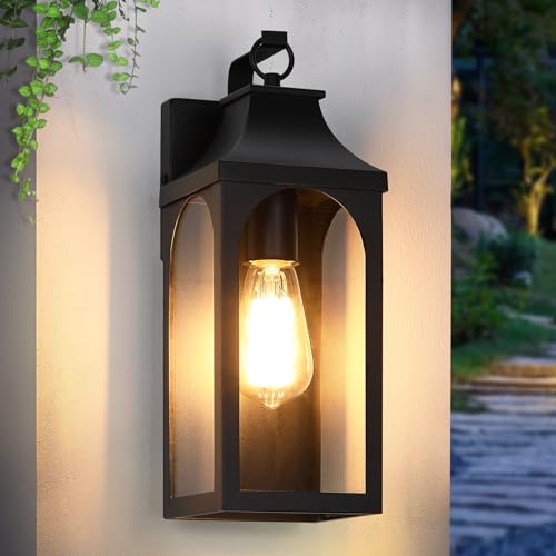 13.6 Inch Matte Black Exterior Wall Lantern with Clear Glass Shade