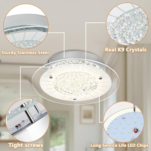 Crystal Ceiling Light Fixture Dimmable Modern Kitchen Light Fixtures LED 11" Crystal Flush Mount Ceiling Light Fixture for Bathroom Hallway Foyer Entrance Laundry Room Closet