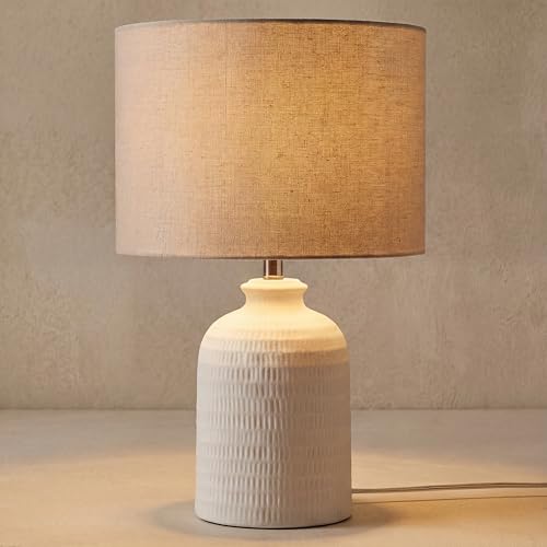 Home 24" White Textured Ceramic Table Lamp with Tan Linen Shade