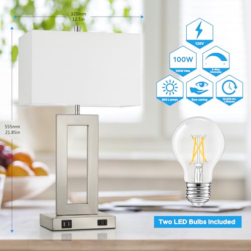 22" Silver Modern Table Lamp Set of 2 with 2 USB Ports&AC Outlet (2 Count)
