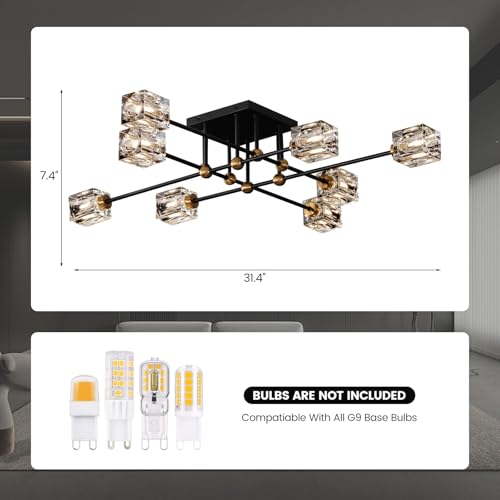 8 Light Crystal Ceiling Light Fixture Black and Gold Semi Flush Mount Ceiling Light Modern Chandeliers for Dining Room Kitchen Island Living Room Bedroom