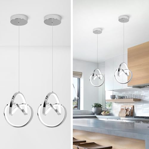 Modern LED Pendant Light Fixtures 4000K Pendant Lights Kitchen Island Lighting Adjustable Height Chrome Hanging Lamp for Dining Room Bedroom Living Room (2 Count)
