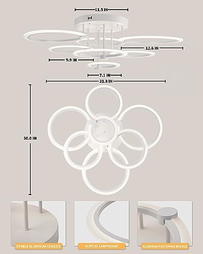 Modern LED Ceiling Light Dimmable Ceiling Light Fixtures with Remote 7 Rings White Close to Ceiling Lights 31.8" 130W 3000K