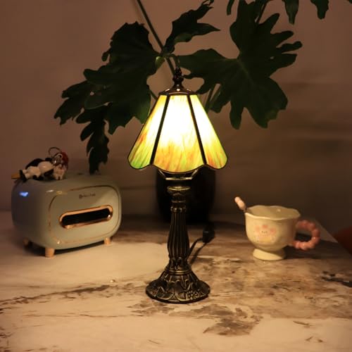 Small Tiffany Style Table Lamp Amber Green Stained Glass Lamp 14 Inch