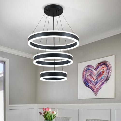 Modern LED Chandeliers Adjustable Hanging Black Pendant Light Fixture 3 Ring Flush Mount Chandeliers for Bedroom