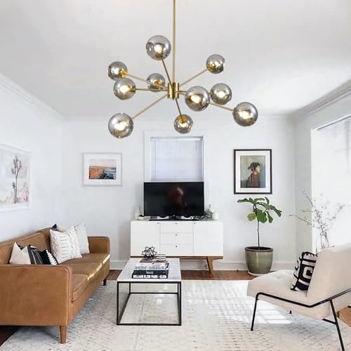 10 Lights Mid Century Modern Large Smoke Grey Sputnik Chandelier Brushed Gold Globe Sputnik Light Fixture Nordic Hanging Ball Chandelier Vintage Minimalist Brass Pendant Lights Kitchen Island