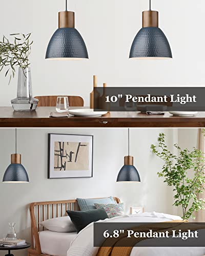 2 Pack Modern Hammered Pendant Lights 10.2” Blue Solid Wood Hanging Lamp (2 Count)