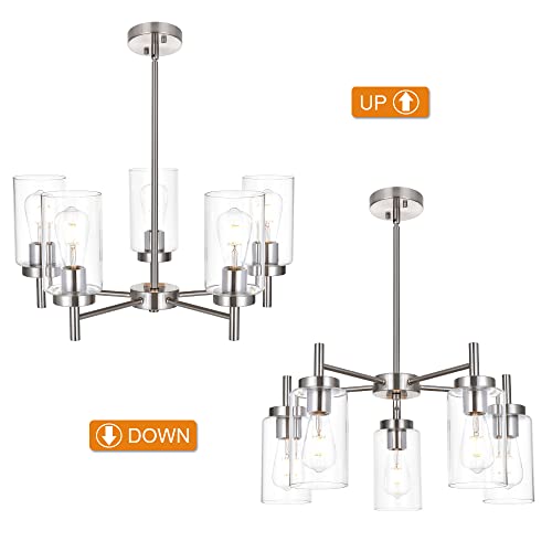 Contemporary 5 Light Large Chandeliers Modern Clear Glass Shades Pendant Lighting Brushed Polished Nickel Dining Room Lighting Fixtures Hanging Adjustable Wire Semi Flush Ceiling Lights
