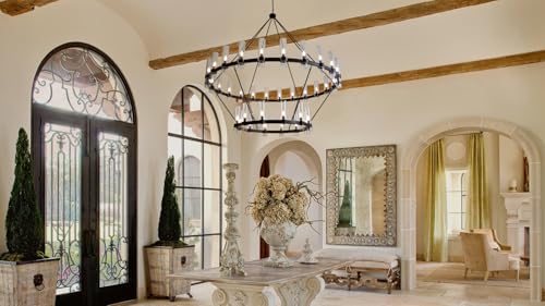 70 Inch Black Wagon Wheel Chandelier 2 Tier with Glass Shade