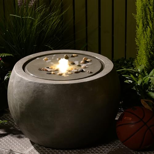 Garden Water Fountain Outdoor Large Round Bubbler Water Feature Indoor with Lights & Pump and Pebbles Concrete Effect for Patio Pool Pond Yard Home Decor Gray