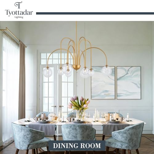 Modern Gold Sputnik Chandelier Light Fixture 8 Lights Luxury Clear Globe Glass Chandeliers Large MId Century Ceiling Pendant Light for Dining Room Foyer Living Room Bedroom