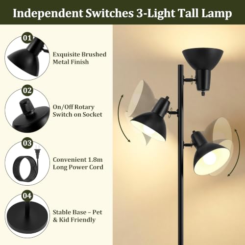 3 Light Floor Lamps for Living Room (Black)