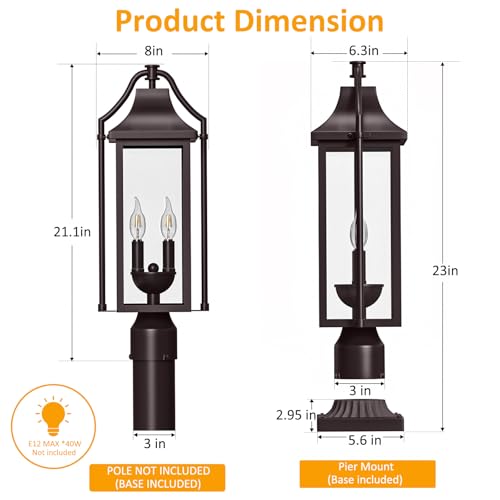 Waterproof 23IN Outdoor Post Lights with Pier Mount Base