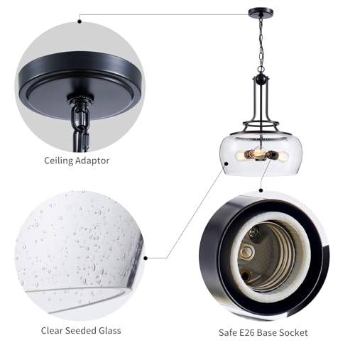 Chandelier Rustic Farmhouse Industrial Round Ceiling Pendant LED Light Fixture Clear Seeded Glass Shade for Dining Room Kitchen Island Foyer Entryway
