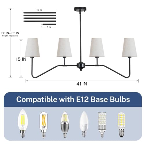 4 Light Matte Black Linear Chandelier with Fabric Shades