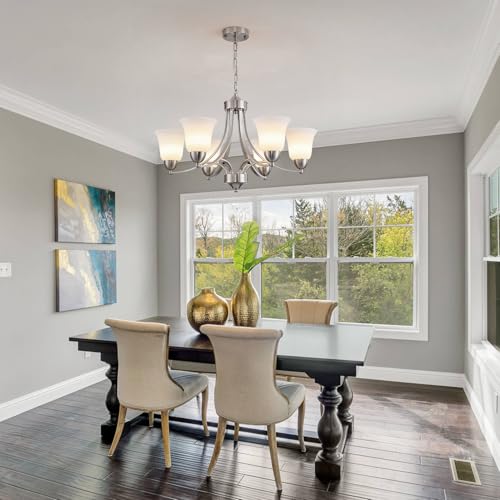 6 Lights Brushed Nickel Dining Room Light Fixture Farmhouse Modern Chandelier Pendant Light Silver Adjustable Ceiling Hanging Lighting with Frosted Glass for Kitchen Island Living Room Foyer (6 Count)