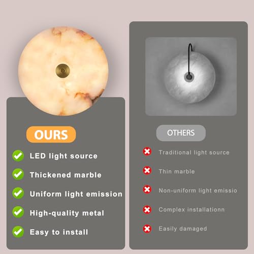 9.84 Inch Round Natural Alabaster Wall Sconce Marble Stone Light Decor for Wall