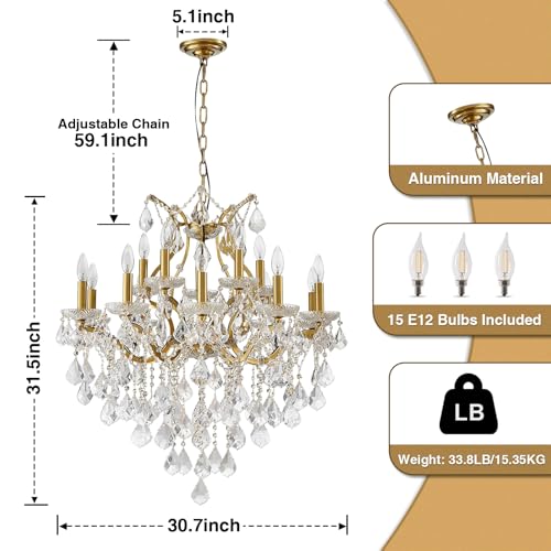 15 Lights Brass K9 Crystal Chandelier for Dining Room