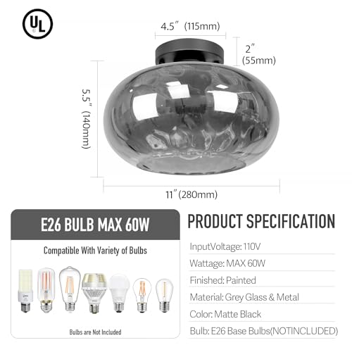Matte Black Semi Flush Mount Ceiling Fixture 11" Hammered Glass Shade Modern Close to Ceiling Lighting 1