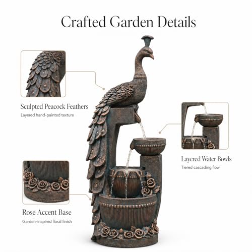 Outdoor Water Fountain 41" H Cascading Peacock Waterfall Fountain with LED Lights & Pump Tiered Water Feature for Garden