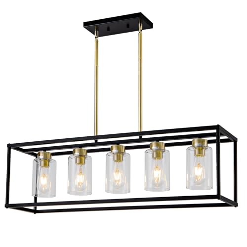 5 Light Dining Room Light Fixture Modern Farmhouse Chandeliers Over Table Black & Brushed Brass Gold Rectangular Pendent Lighting for Kitchen with Glass Shade Hanging Industrial Ceiling Light