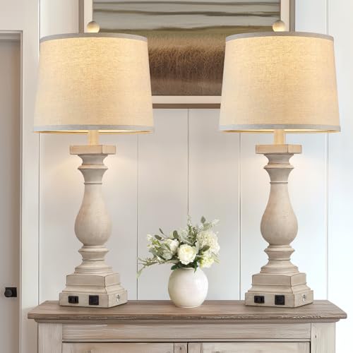 28" Tall Farmhouse Table Lamps Set of 2 with USB C+A Ports and AC Outlet (2 Count)