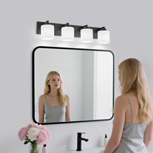 4 Light Black Bathroom Vanity Light with White Glass Shades
