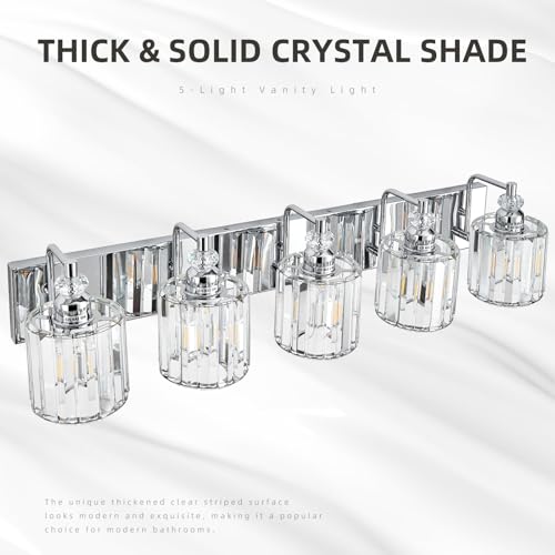 5 Light Modern Bathroom Light Fixture Chrome Bathroom Vanity Lights Over Mirror Wall Sconce Lighting with K9 Crystal Shades E26 Base for Bedroom