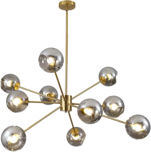 10 Lights Mid Century Modern Large Smoke Grey Sputnik Chandelier Brushed Gold Globe Sputnik Light Fixture Nordic Hanging Ball Chandelier Vintage Minimalist Brass Pendant Lights Kitchen Island