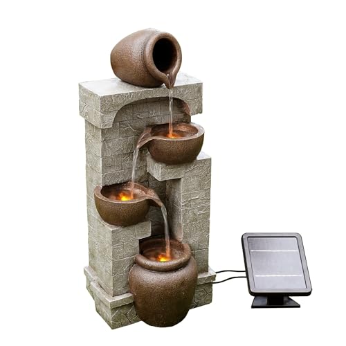 28 in. Cascading Bowls and Stacked Stones LED Outdoor Water Fountain for Outdoor Living Spaces to Create a Calming Oasis in Gardens and Landscaping
