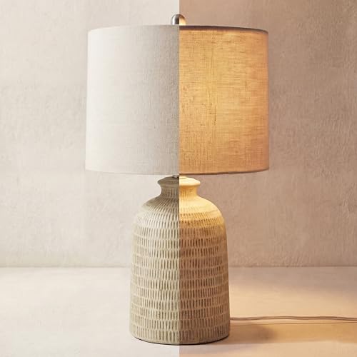 Home 24" Natural Beige Textured Ceramic Table Lamp with Tan Linen Shade