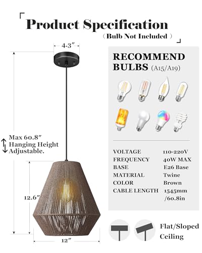 12” Woven Japandi Pendant Light for Kitchen Island Boho Hanging Lamp with Handwoven Rattan Basket Shade Adjustable Pendant Light Fixtures for Dining Room Bar Bedroom Foyer Hallway Dark Brown