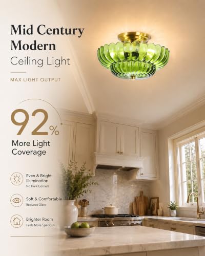 Semi Flush Mount Ceiling Light Fixture 11.8" Vinatge Gold Ceiling Lights Mid Century Modern Green Glass Close to Ceiling Lighting Fixtures for Bedroom Hallway Foyer Bathroom Kitchen Entryway (3 Count)