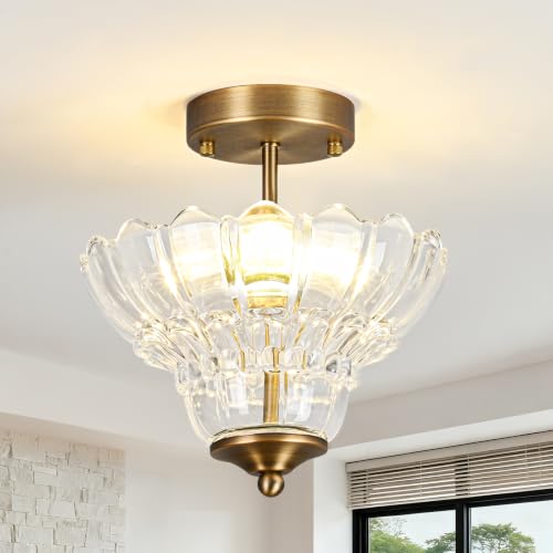 Antique Brass Finish Semi Flush Mount Light with Floral Class Shade (Antique Brass)