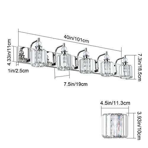 Modern Crystal Vanity Lights 5 Light 40" Modern Crystal Bathroom Lights Fixtures Over Mirror Stainless Steel Chrome Vanity Light for Bathroom Wall Lights Fixtures