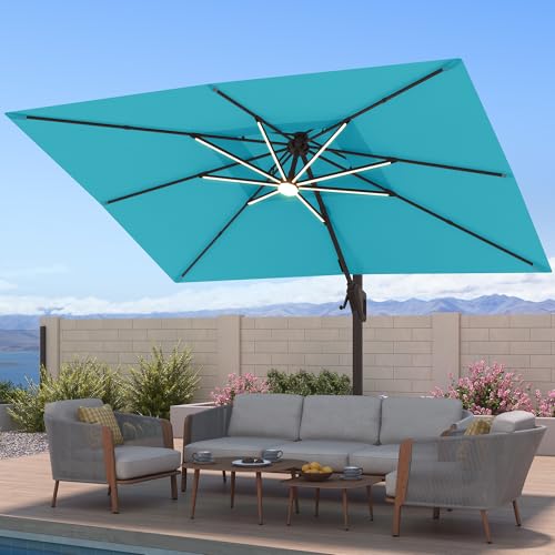 10x13 FT Patio Cantilever Outdoor Umbrella with Base and LED Light