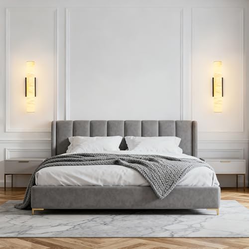 Natural Alabaster Wall Sconces Set of Two Spanish Marble Wall Light Cylinder Modern Black LED Sconce for Living Room Bedroom Bathroo Stairs（S (2 Count)