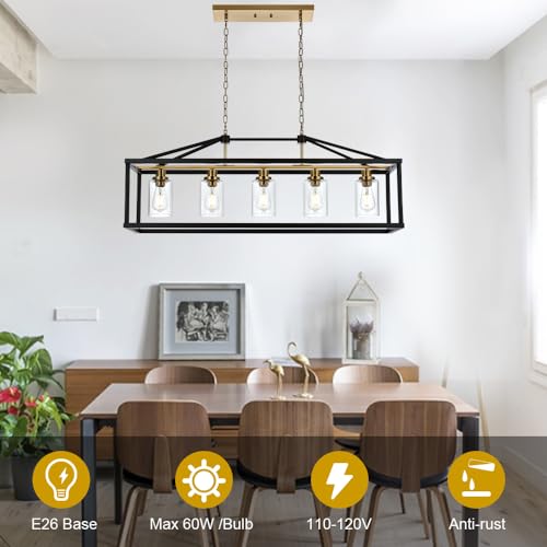 Rectangle 5 Lights Black Modern Dining Room Lighting Fixtures Hanging Over Table