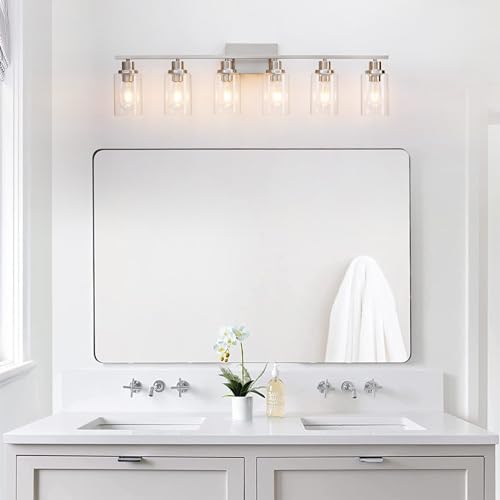 6 Light Bathroom Light Fixtures Brushed Nickel Vanity Light Over Mirror Modern Farmhouse Wall Lighting Sconces Wall Lamp for Bathroom