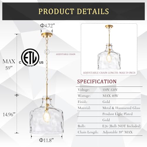 16" Farmhouse Hammered Glass Pendant Light