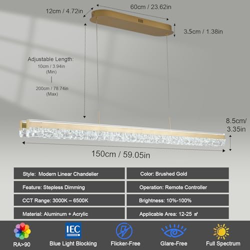 Modern Chandelier Gold Led Crystal Linear Pendant Lights Kitchen Island Lighting Minimalist Dimmable Ceiling Hanging Light Fixture Dining Room with Remote Control