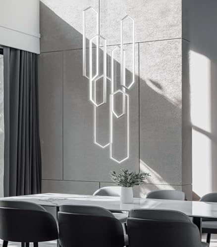 6 Rings Modern Chandelier LED Dimmable Long Large High Ceiling Chandelier Adjust Flush Mount Ceiling Light for Foyer Lobby Living Room Staircaes Sliver (6 Count)