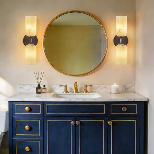 Natural Alabaster Wall Sconces Set of Two Modern Black Wall Lamp14in Milky White Alabaster Vanity Wall Lighting for Bedroom Bathroom Staircases Hallway（Included G9 Bulb） (2 Count)