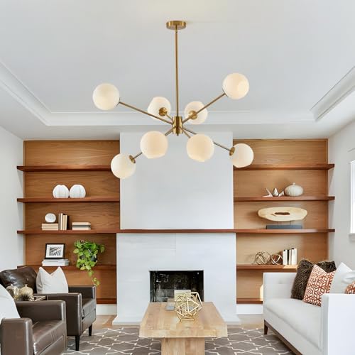 8 Lights Gold Globe Sputnik Chandelier Vintage Milk Glass Chandelier Light Fixture Large Modern Sputnik Pendant Lights Kitchen Island Mid Century Brushed Brass Bedroom Ball Hanging