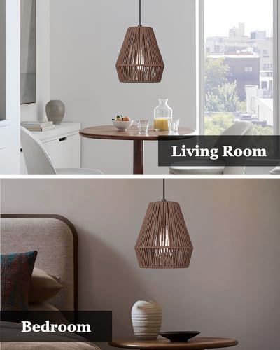 Woven Pendant Lights 7” Rustic Rattan Hanging Lamp Adjustable Handwoven Basket Shade Boho Pendant Light Fixtures for Kitchen Island Dining Room Bedroom Bar Foyer Hallway Japandi Dark Brown