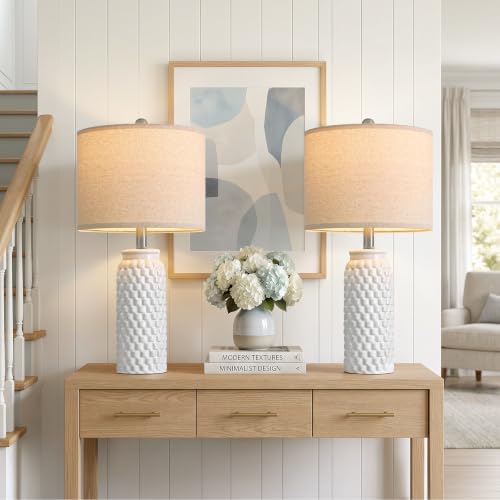 24" Modern Ceramic White Bedside Lamp Set of 2 Table Lamp for Bedroom Decor Farmhouse Table Lamp for Living Room Office Dorm (2 Count)
