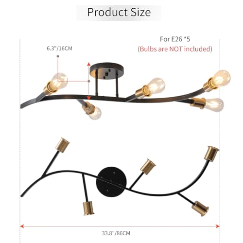 Modern Sputnik Semi Flush Mount Ceiling Light Fixture Black and Gold