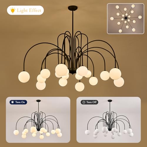Black Sputnik Chandelier with Milk Glass Globe 18 Lights L59 Inch