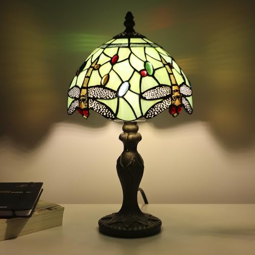 Tiffany Table Lamp Dragonfly Style Grass Green Stained Glass Accent Lamp Bronze Resin Base 8X8X14 Inch